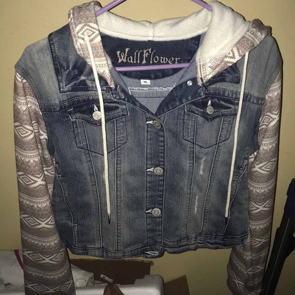 Light denim Jean jacket with tribal sleeves/hood